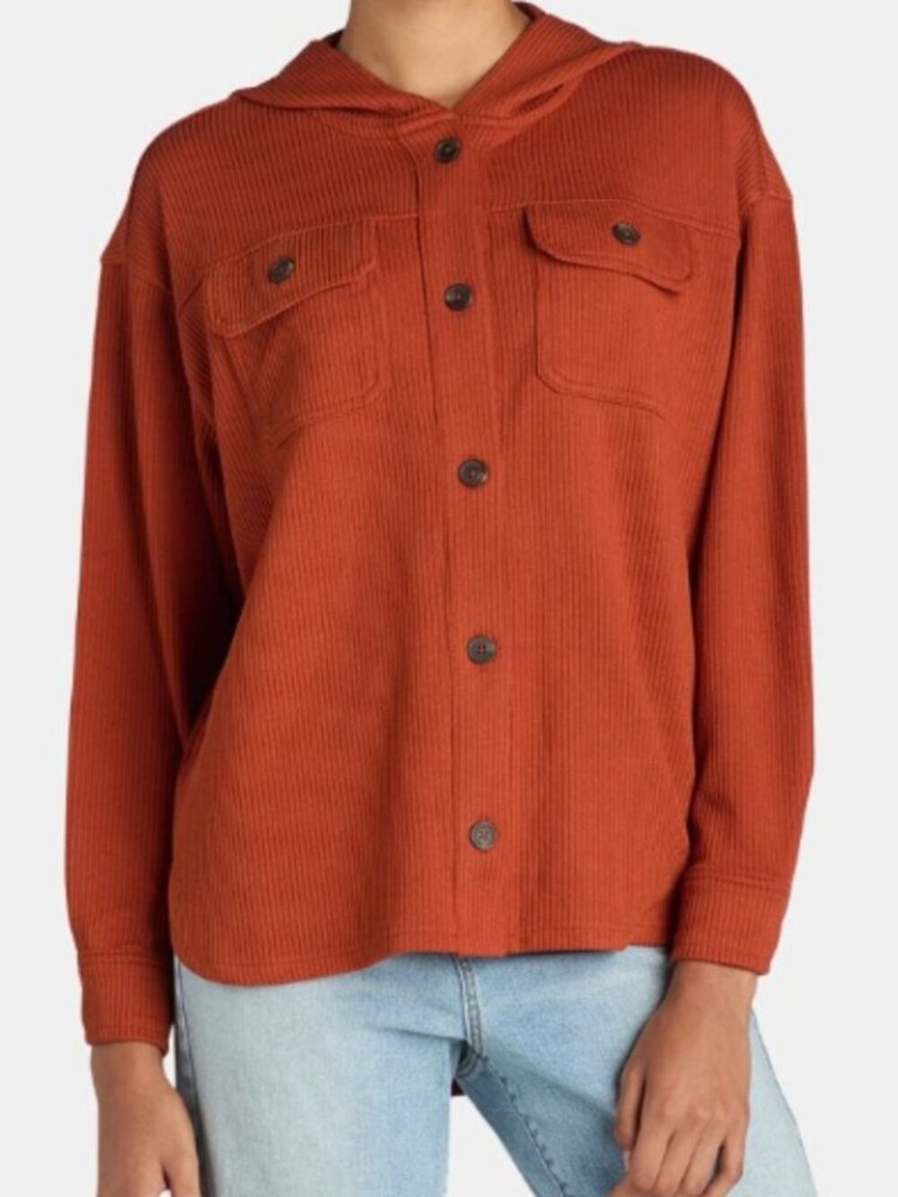 Time and Tru Womens Rust Brown Ribbed Hooded Oversized Shacket size M (8-10) NWT